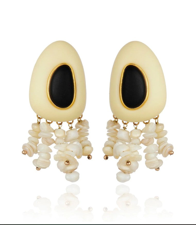 Noche Serena Fringe Drop Earring - Beige and Black